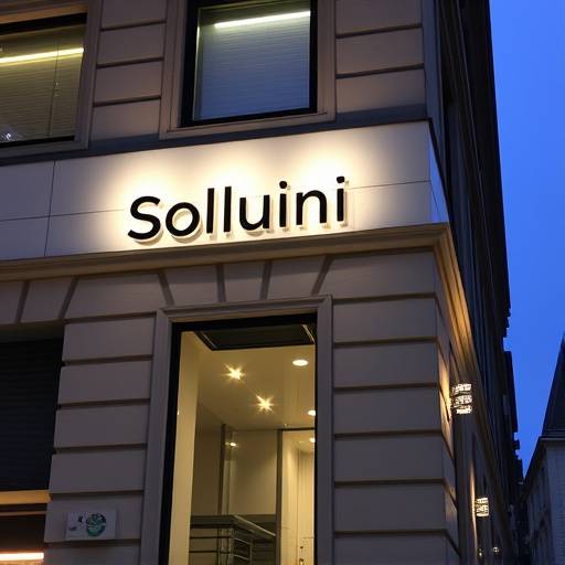 Foto realistica dell'edificio degli uffici di Soluzioni Illuminia in Via Montenapoleone, Milano, con l'insegna ben visibile.