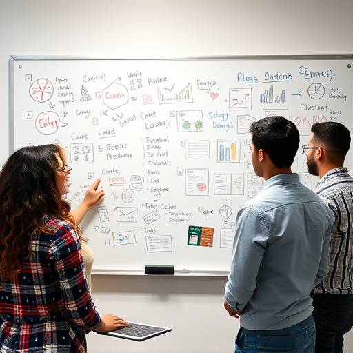 Immagine di persone che lavorano insieme a una lavagna piena di idee e grafici