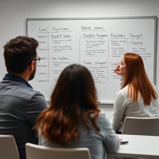 Un coach che guida un cliente attraverso una lavagna con diagrammi e obiettivi