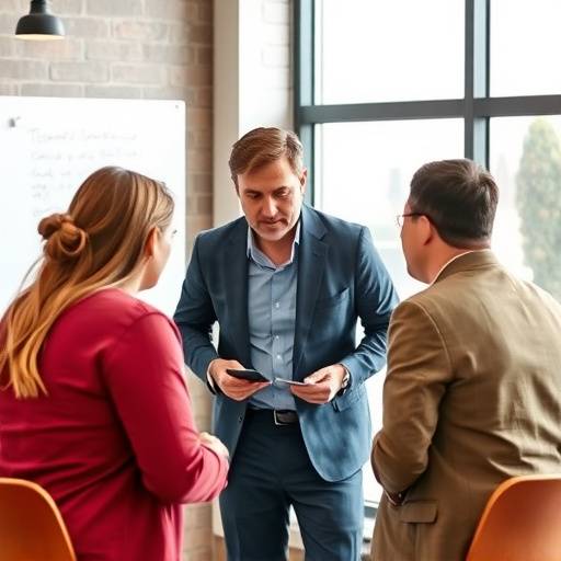 Un coach che offre supporto a un team di startup, focalizzandosi sulla strategia e la crescita aziendale