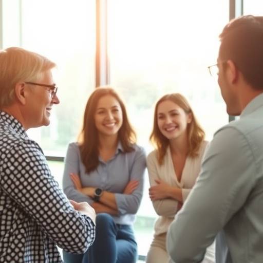 Un team di lavoro collabora attivamente durante una sessione di team coaching, con focus sulla comunicazione e la sinergia
