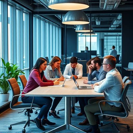 Un team di professionisti aziendali che collaborano attorno a un tavolo in un moderno ufficio